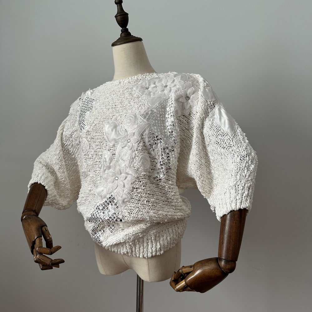 Vintage Beaded Floral Appliqué Cotton Sweater Lace Sequin Romantic Knit